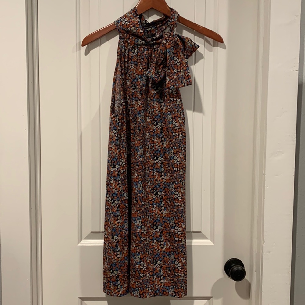 Zara Retro Print Tie Neck Dress - Size Large